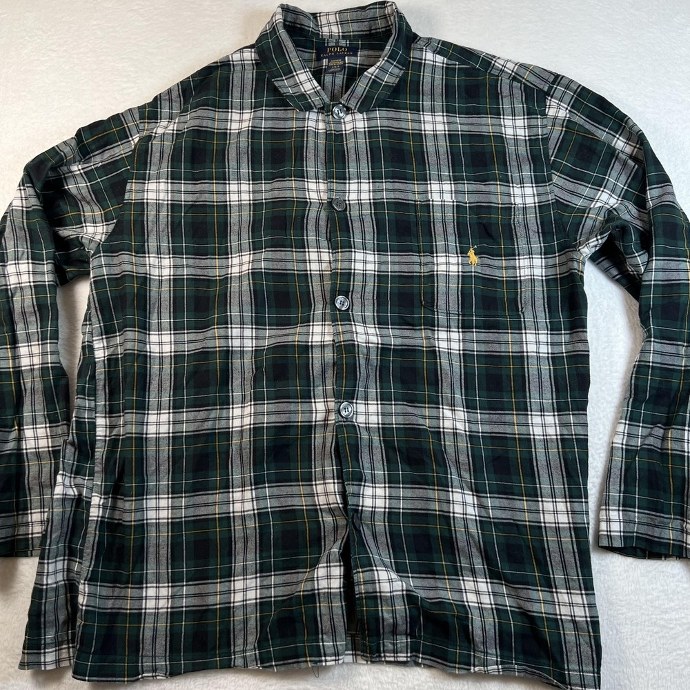 Polo Ralph Lauren Pajama Top Mens Large Green Plaid Flannel Long Sleeve Sleep